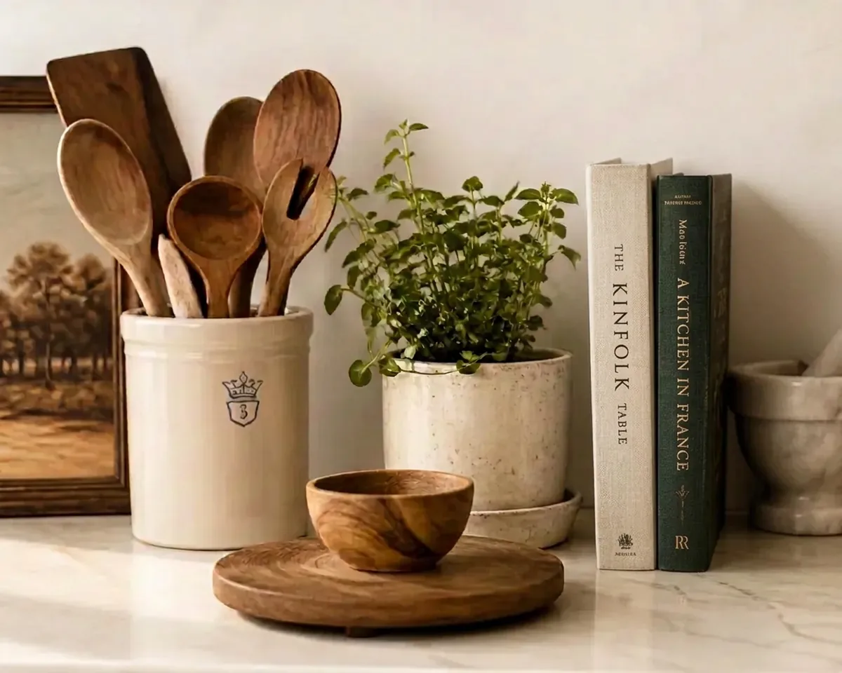 Wooden spoons in a ceramic crock beside a plant and cookbooks on a kitchen counter